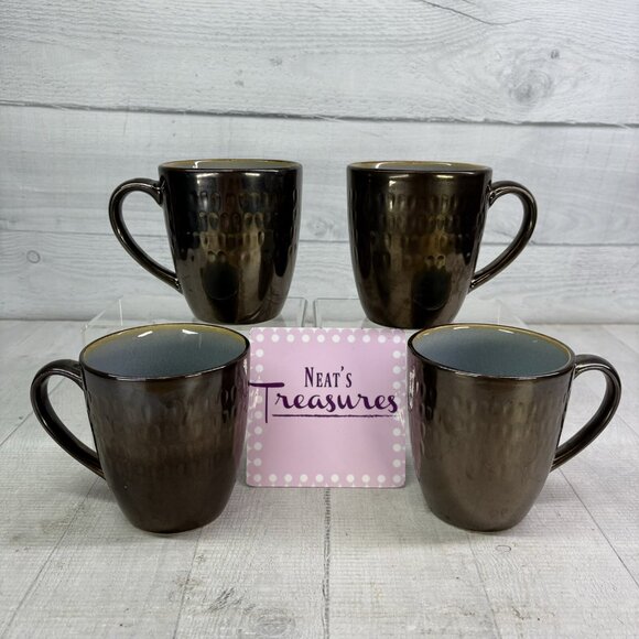 Food Network ANGELICA Blue Bronze Metallic Outside 16oz Stoneware Cup Mugs Set 4 - Picture 1 of 16